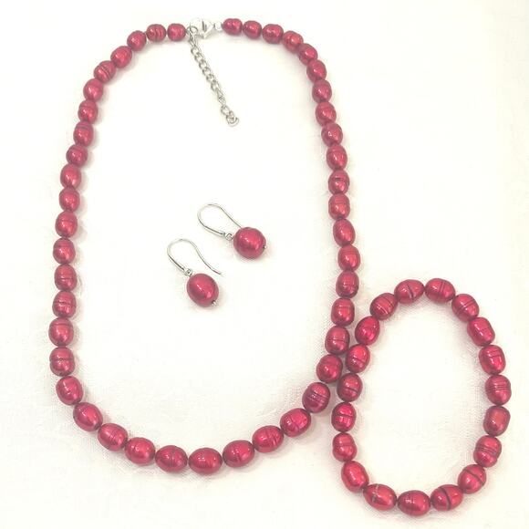 HONORA 925 Red Pearl 18" +2" NECKLACE EARRINGS BRACELET  Set Stretch Drop Dangle - Picture 2 of 13
